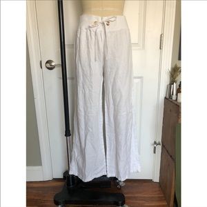 White 100% linen wide leg casual pants